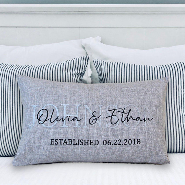 Personalized Linen Throw Pillow: Elegant Embroidered Keepsake for Weddings, Engagements & Anniversaries