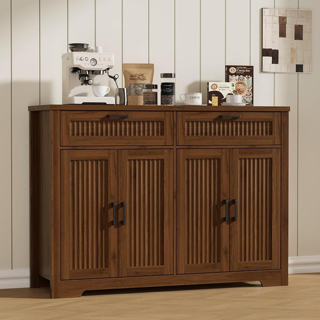 Buffet Cabinet with 2 Storage Drawers, Farmhouse Coffee Bar Table with Storage and Adjustable Shelf, 47.2" Wide Fluted Sideboard Cabinet for Kitchen, Dining Room, Living Room, Entryway, Modern Walnut
