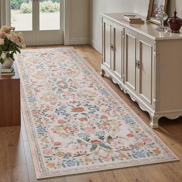 AMOAMI Vintage Floral Runners for Hallways Indoor, 2'6''x8' Kitchen Runner Rug Non Slip Machine Washable Entryway Rug Runner Ultra Soft Boho Carpet Runner for Hallway Kitchen Bedside Entryway, Beige