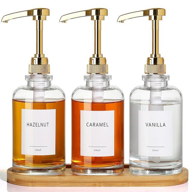 ALPIRIRAL Coffee Syrup Dispenser, Glass Coffee Syrup Bottles with Tray and 1/4oz Gold Pump - 3 Pack 16.9 Fl Oz
