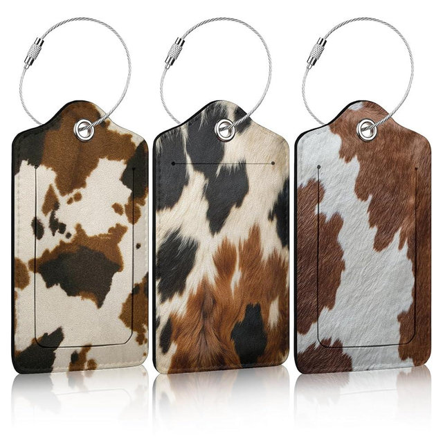 3 Pack Cowhide Brown Luggage Tags for Suitcase Animal Cow Skin PU Leather Travel Luggage Tag Privacy Cover ID Label for Women Men Baggage Backpack Handbag School Bag