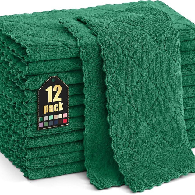 Homaxy 12 Pack Kitchen Dish Cloths (10 x 10 Inches, Dark Green), Super Soft and Absorbent Coral Velvet Dish Towels, Nonstick Oil Fast Drying Microfiber Cleaning Cloth, No Lint Household Dishcloths