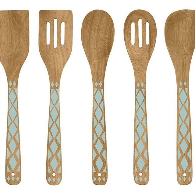 Country Kitchen 5 Piece Nonstick Utensil Set Acacia Wooden Kitchen Tools for Serving and Healthy Cooking with Mint Green Inlay Design