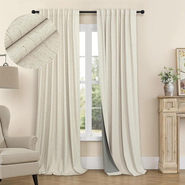 Farmhouse Style 94 Inch Curtains for Living Room Drapes Back Tab Pleated Linen Blackout Earthy Curtain Heat Blocking Black Out Window Treatment Master Bedroom Sunroom 2 Burg Panel 94 Long Length Beige