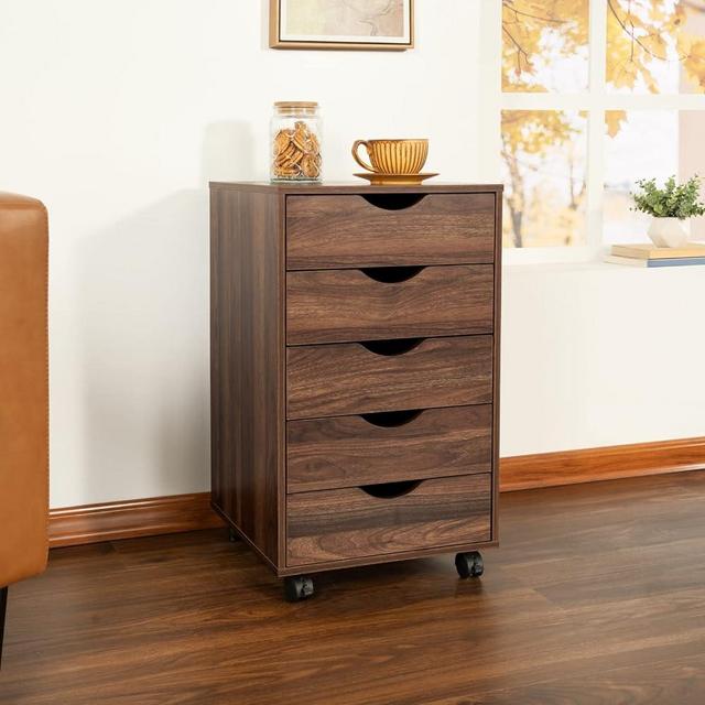 Naomi Home Taylor 5 Drawer Chest, Wood Storage Dresser Cabinet with Wheels, Craft Storage Organization, Makeup Drawer Unit for Closet, Bedroom, Office File Cabinet 180 lbs Total Capacity - Brown Oak