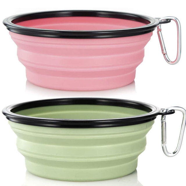 Dog Bowl Pet Collapsible Bowls, 2 Pack Collapsible Dog Water Bowls for Cats Dogs, Portable Pet Feeding Watering Dish for Walking Parking Traveling with 2 Carabiners (Large, Fairy Pink & Sprout Green)