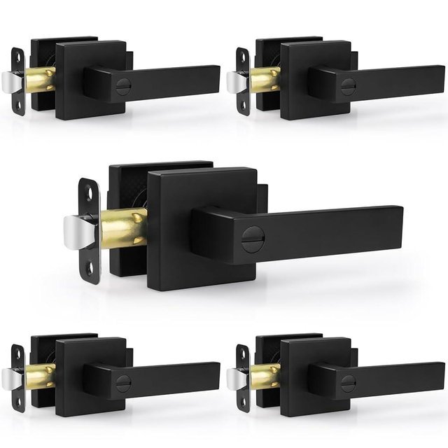 Estmoon 5 Pack Matte Black Privacy Lever Door Handles, Modern Keyless Black Interior Door Knobs, Zinc Alloy, 2.07 lb Door Lock