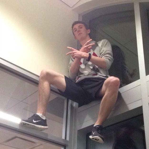 Working on our group project, "the politics of skiing" where Sam did all the work and Brian climbed the rafters.