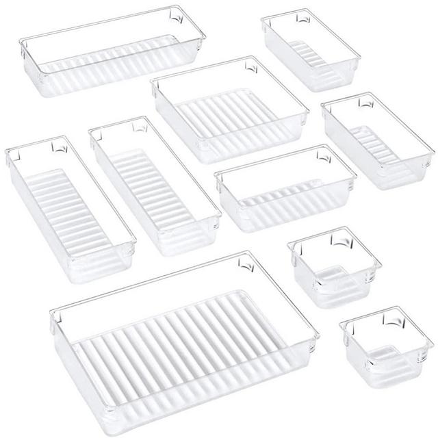 Puroma 10-pcs Desk Drawer Organizer Trays, 5 Different Sizes Large Capacity Plastic Bins Kitchen Drawer Organizers Bathroom Drawer Dividers for Makeup, Kitchen Utensils, Jewelries and Gadgets