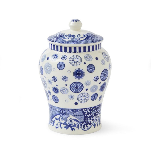 Spode Blue Italian Brocato Porcelain Ginger Jar - 5-Inch Decorative Lidded Accent with Imari Border in Classic Blue & White for Traditional & Modern Home Styling - Small Cute Flower Vase