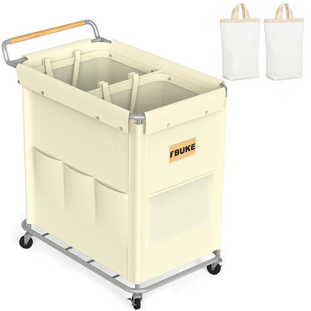 FBUKE Rolling Laundry Basket with Wheels, 160L Large Double Laundry Hamper 2 Section Sorter with Removable Liner Bag, Heavy Duty Steel Laundry Cart on Wheels for Dirty Clothes, Beige