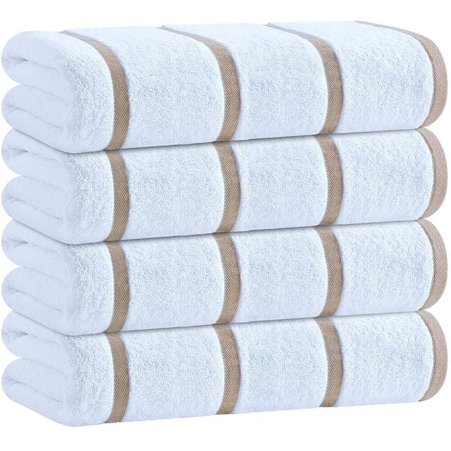 White Classic Cotton Pool Towels Oversized 30 x 60 Inches, Ultra Absorbent and Low Lint Striped Beach Towels for Adults, Stripes Design Luxury Extra Large Bath Towels, Beige, 4 Pack