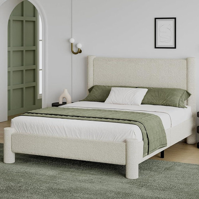 REVOMINCA Queen Size Bed Frame, Boucle Upholstered Platform Bed with Headboard and Footboard, Soft Rounded Corners, No Box Spring Required, Easy Assembly, Cream