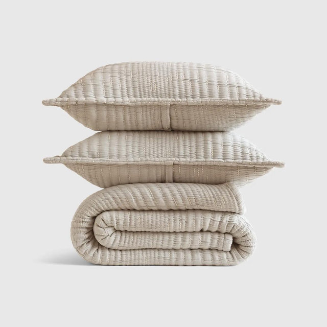 Organic Cotton Channel Stitch Coverlet Set - Sand, Full/Queen