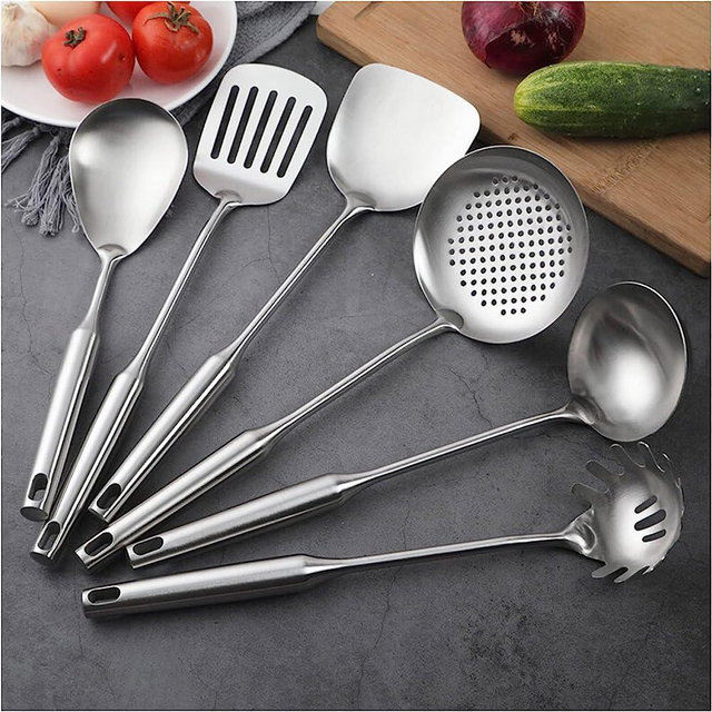 Kitchen Utensils Set Stainless Steel, 6 Pcs Professional All Metal Cooking Utensils Set, Wok Spatula, Ladle, Skimmer, Slotted Spatula Tunner, Spaghetti Spoon, Large Spoon NIITAWH