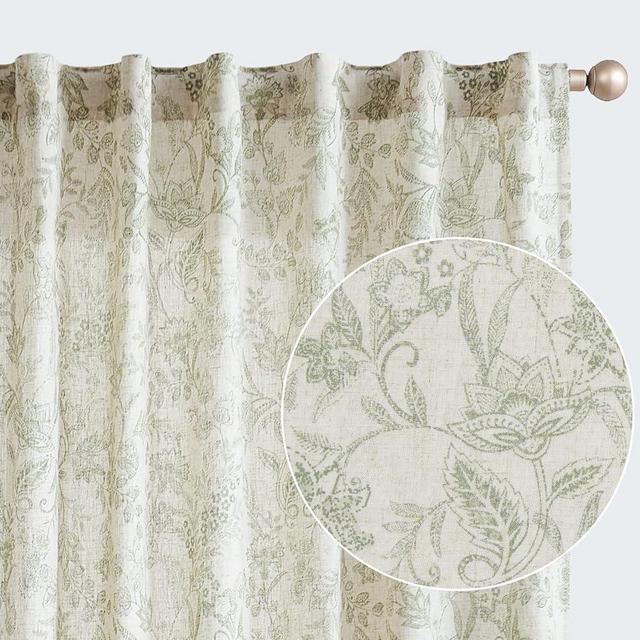 Lazzzy Linen Curtains Farmhouse Green Floral Print Curtains 63 Inches Long Back Tab Drapes for Living Room Bedroom Semi Sheer Patterned Country Vintage Curtains 2 Panels Set Rod Pocket Green on Beige