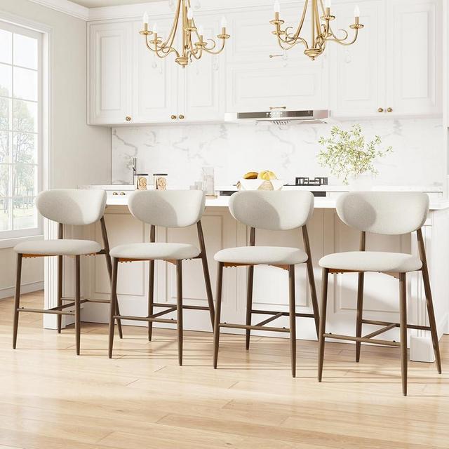 MALOL Upholstered Bar Stools Set of 4 with Back, Modern Counter Height Stools with Breathable Fabric & Steel Cross Base for Kitchen Island, Dining Counter，Beige
