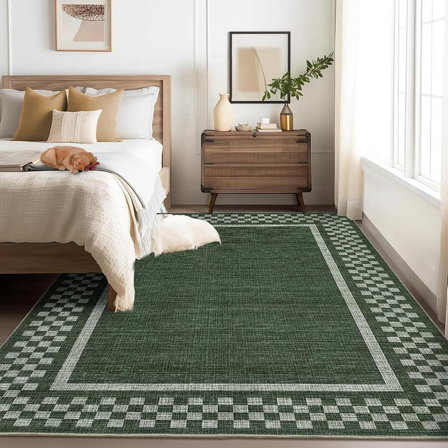 GarveeHome 5x7 Washable Area Rug for Bedroom Living Room Non Slip Modern Bordered Throw Rugs Low Pile Soft Checkered Dining Room Area Rugs Geometric Throw Carpet for Kitchen Nursery Office, Green