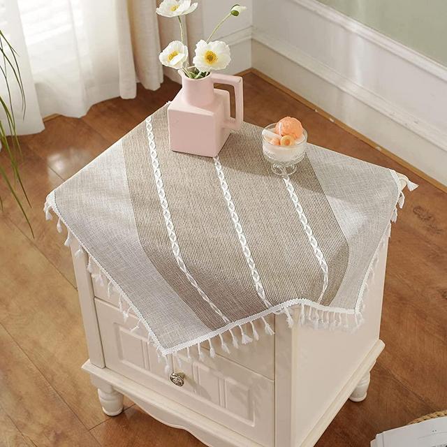 HPX HOME 2pcs Brown Linen Small Tablecloth Boho Farmhouse Bedside Square Table Cover Stitching Tassel Washable Table Cloth for End Table Tabletop Decoration (Square, 23 x 23 Inch)