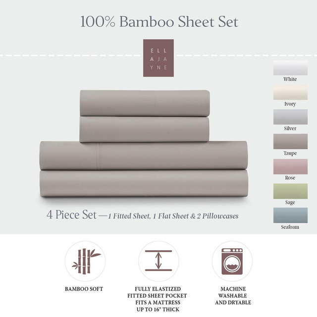 Ella Jayne Viscose from Bamboo Deep-Pocket 4-piece Sheet Set, Queen, Taupe