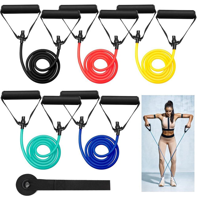 Leyndo 5 Pcs Exercise Resistance Bands with Handles Physical Resistance Tube Workout Bands with Door Anchor for Men Women Muscle Toning Strength Training