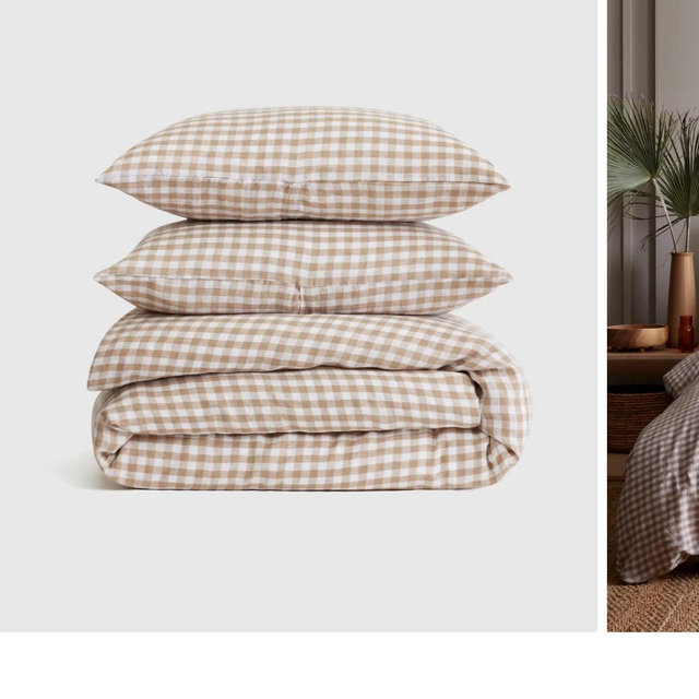 Queen European Linen Gingham Duvet Cover Set