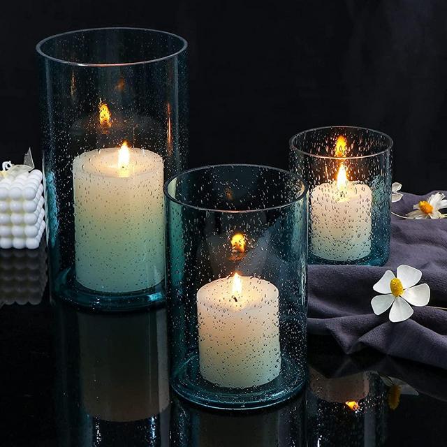 HAVITI Glass Hurricane Candle Holders Set of 3, Pillar/Floating Hand Blown Candle Holder for Table Centerpieces, Blue Cylinder Vases for Beach Wedding, Home & Party Decor