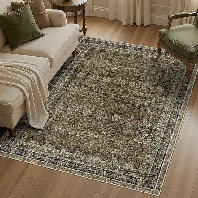WITSHOCK 5x7 Area Rugs for Living Room: Vintage Modern Boho Moody Retro Antique Farmhouse Dark Carpet, Non-Slip Low Pile Stain Resistant Rug for Bedroom Dining Under Table, Brown Olive Green