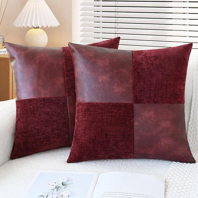 CaliTime Throw Pillow Covers Decorative 18 X 18 Inches Pack of 2 Cozy Chenille Faux Leather Splicing Cushion Cases for Couch Sofa Bed Living Room Home Burgundy Red