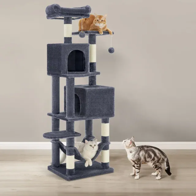 61-Inch Multi-Level Cat Tree, Plush Cat Tower with 2 Caves & Hammock, 5 Scratching Posts & Anti-Tip Kit, Smoky Gray