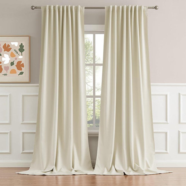 DUALIFE 120 Inch Long Back Tab Beige Long Curtains - Rod Pocket Blackout Tall Window Drapes for Bedroom Thermal Insulated Room Darkening Curtains for Living Room (W52 x L120 Inch, 2 Panels)