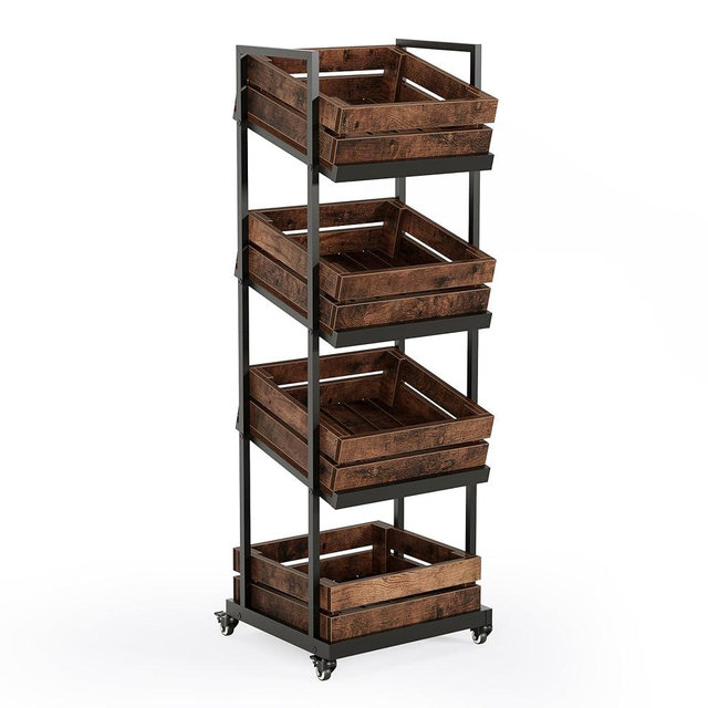 LITTLE TREE 4-Tier Wooden Kitchen Cart with Wheels, Mobile Fruit and Vegetable Storage, Utility Shelf, Organizer Rack for Pantry, Bedroom, Living Room (Brown)