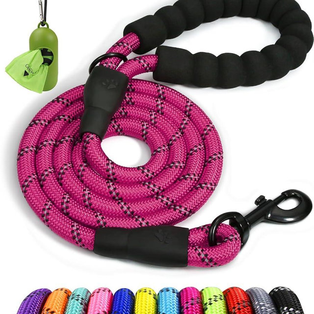 Taglory Rope Dog Leash 6 FT with Comfortable Padded Handle, Highly Reflective Threads Leash for Small Dogs, 3/8 inch, Hotpink