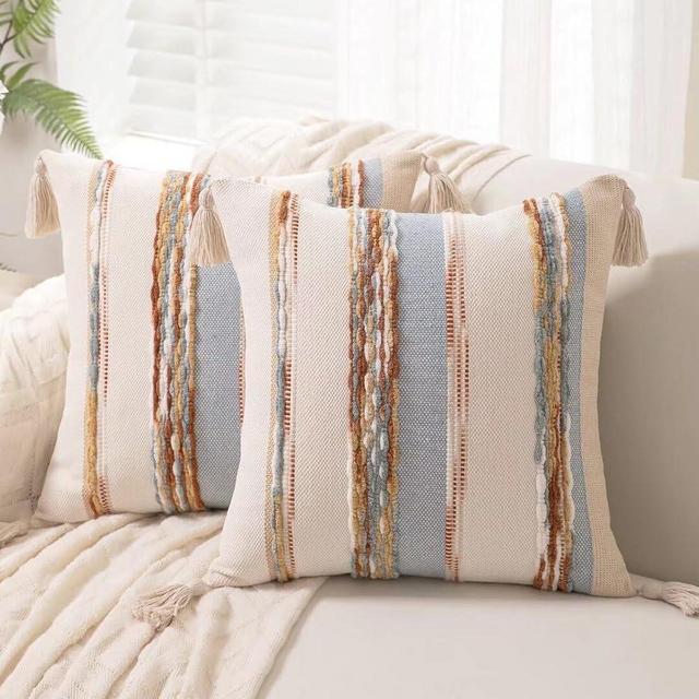 WANLIRD Boho Throw Pillow Covers 18x18 Set of 2 Woven Tufted Farmhouse Pillows Cover with Tassels Textured Striped Cushion Case Neutral Pillow Cases Decorative Pillowcase for Sofa Couch,Light Blue