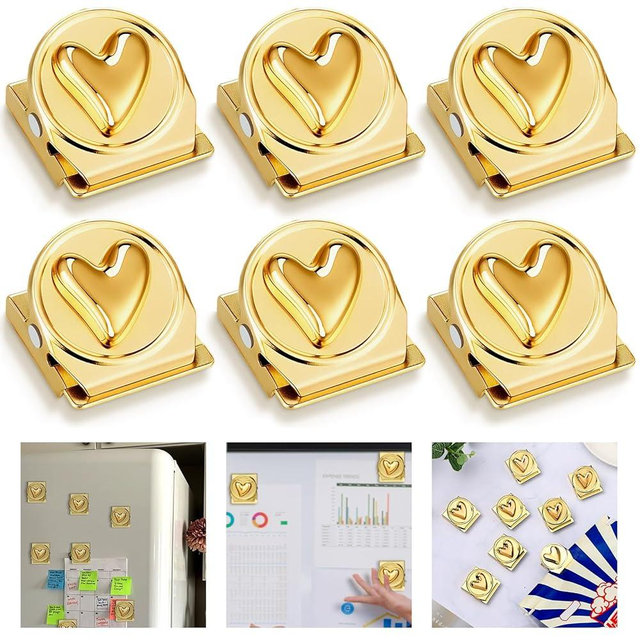 AceOrbit 12 Pcs Gold Heart Fridge Magnets Refrigerator Magnetic Clips Colorful Decorative Magnets Metal Magnet Clips Valentine Gift for Fridge Classroom Kitchen Office