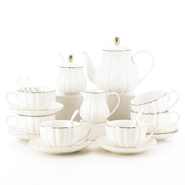 Bloosnow 22 Pieces Porcelain White Tea Sets for Adult,Gold British Tea Set for Women,European Tea Set for Party,White Coffee Cup (White), just right size, HFB0001P