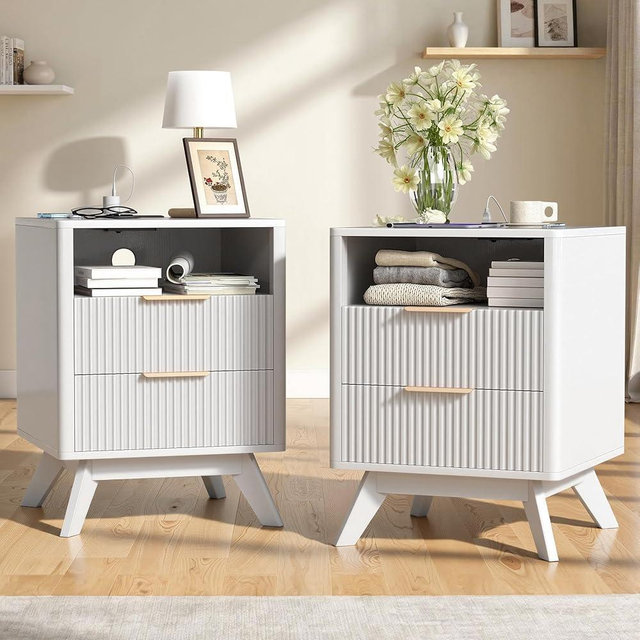 Nebuaegis Nightstand Set of 2,Side Table with Charging Station,Bedside Tables with Drawer, Mid-Century End Tables for Bedroom, Sturdy Storage Side Tables,White