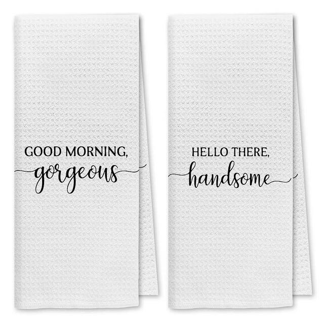Dibor Good Morning Gorgeous Hello There Handsome Bath Towels,Love Decorative Absorbent Drying Cloth Hand Towels Tea Towels Dishcloth for Bathroom Kitchen,Funny Couples Gifts(Set of 2)