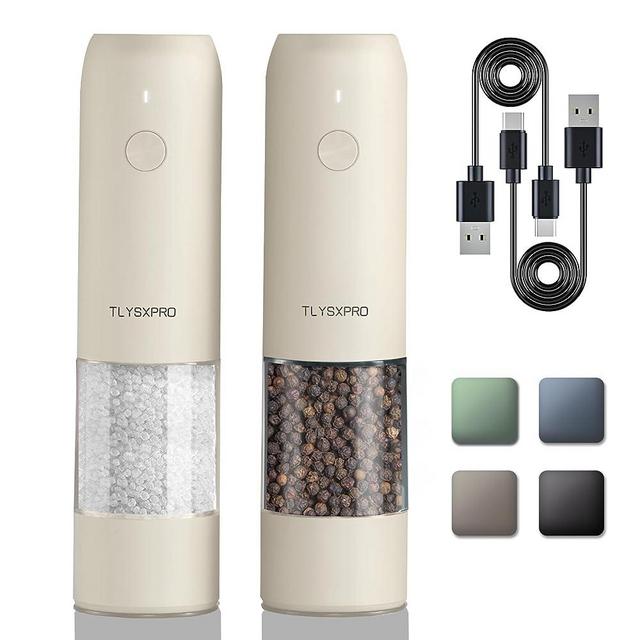 Electric Salt and Pepper Grinder Set, USB Rechargeable, Automatic Salt and Pepper Mill Grinder with Adjustable Coarseness, Electric Salt Shakers, LED Light, Refillable (2 Packs, Ivory)