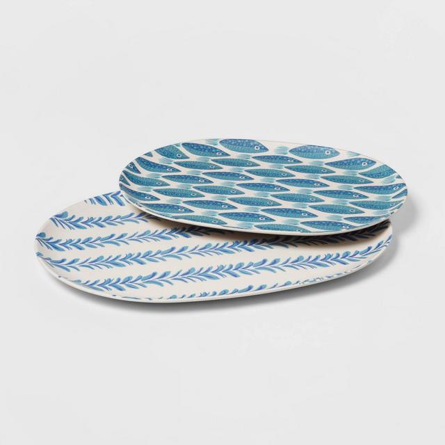 2pc Melamine and Bamboo Fish Serving Platter Set Blue - Opalhouse™