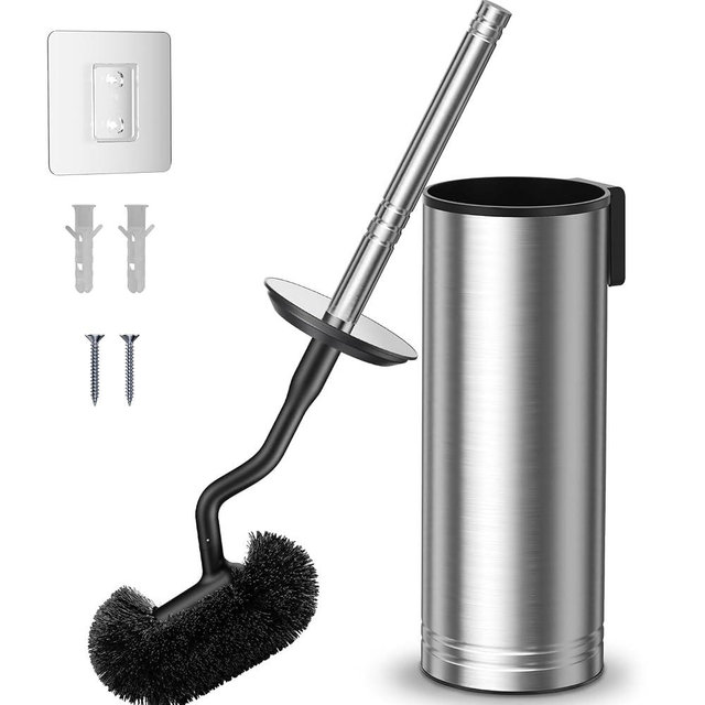 HAMITOR Toilet Brush and Holder Set: 304 Stainless Steel Heavy Duty Deep Cleaning Bowl Cleaner Brush with Curved Bristle - Space Saving Wall-Mounted for Home Apartment Bathroom Accessories Silver