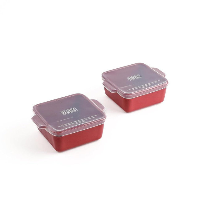 Souper Cubes Stoneware 2.0-5" x 5" Baking Dishes for Oven, Made in USA, Premium Mini Ceramic Baking Dishes with Silicone Covers for Individual Portions, Set of 2 - Cranberry