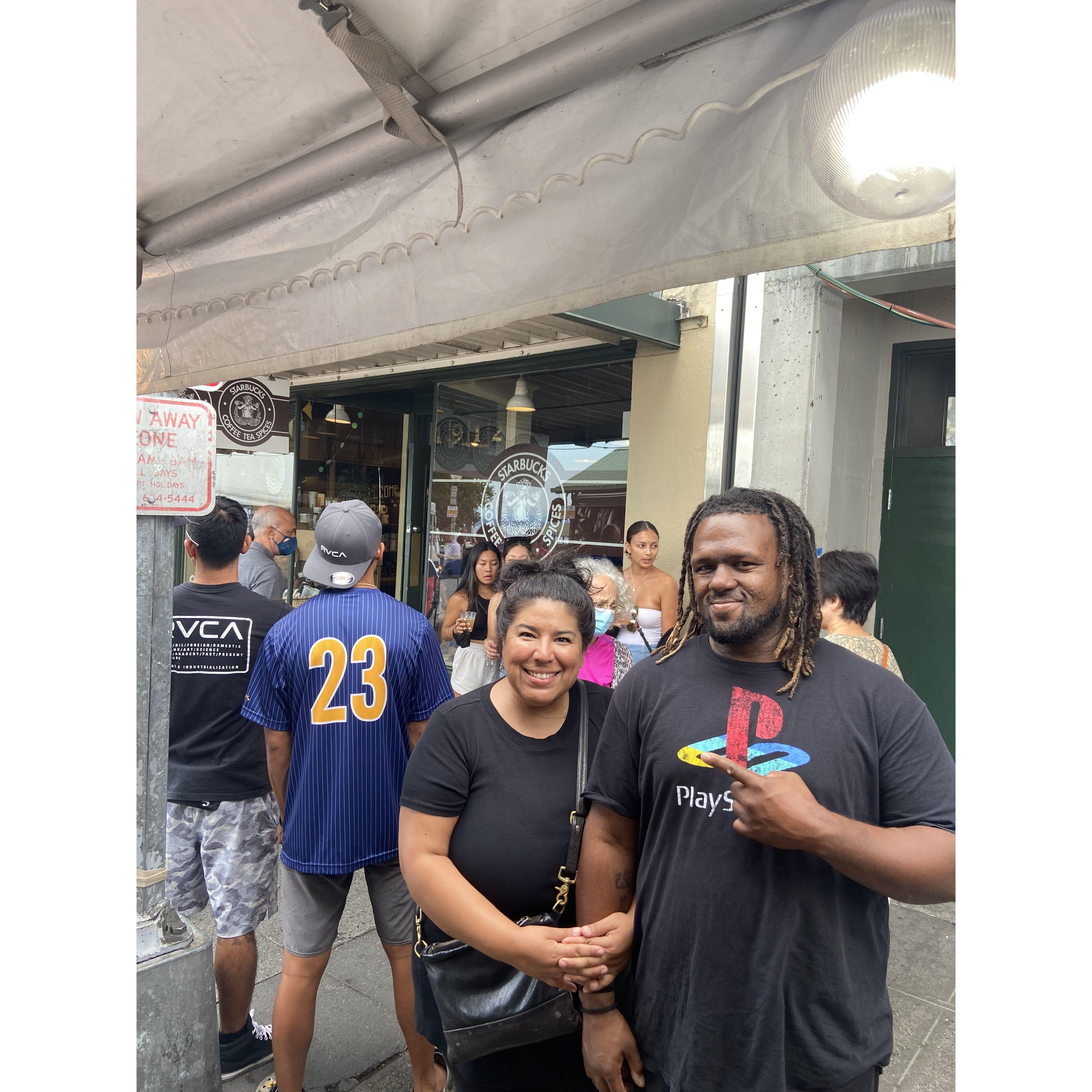 I front of the first Starbucks in Seattle. Albert had posted a video on Instagram of him visiting his spot a year ago. I responded to his story and said "wow". That is how it all began!