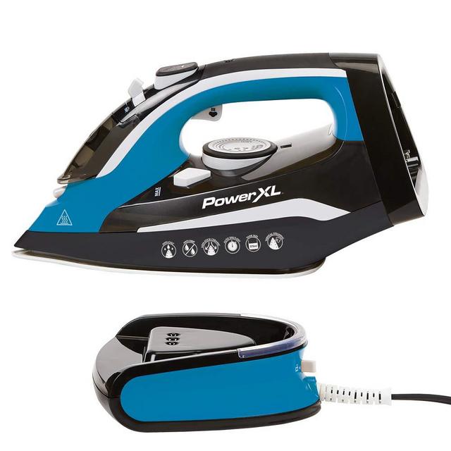 PowerXL Cordless Iron and Steamer Deluxe, Lightweight Dry Steam Iron with Ceramic Ion Soleplate, Vertical Steam, Anti-Calc, Anti-Drip, Auto-Off, Power Base (Blue 1500 Watt with Ironing Pad)
