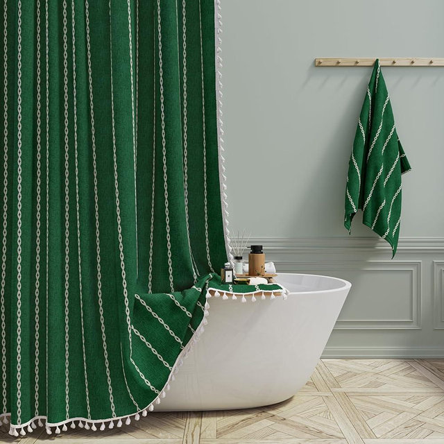 BTTN Extra Long Shower Curtain - 72x84 Long Boho Chic Striped Tassel Linen Fabric Shower Curtain Set with Hook, Tall Modern Farmhouse Cute Heavy Duty Cloth Shower Curtains for Bathroom - Emerald Green