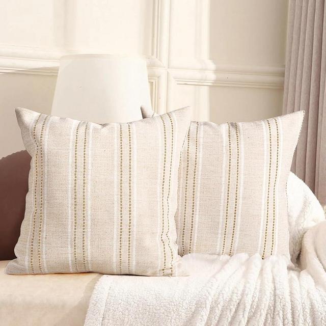 AELS 26x26 Decorative Farmhouse Linen Throw Pillow Covers, Boho Textured Pillow Case, Set of 2, Beige with White & Brown Stitch Yarn Dyed Stripe Cushion Cover for Sofa Couch Living Room (Cover ONLY)
