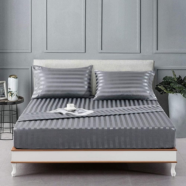 Satin-Silk Sheets Queen Size Bed Set, Dark Grey Soft Cooling Deep Pocket Queen Sheets, Hypoallergenic, Wrinkle and Fade Resistant Bedding Set, 4 Piece, Striped