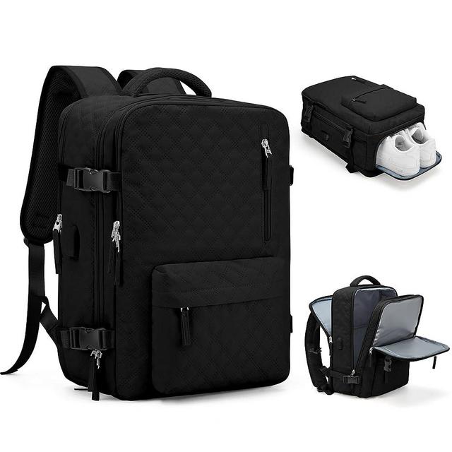 Travel Carry On Backpack for Women, Waterproof Laptop Backpack for Traveling on Airplane Hiking Gym Backpack with USB Charging Port Shoe Compartment, Black