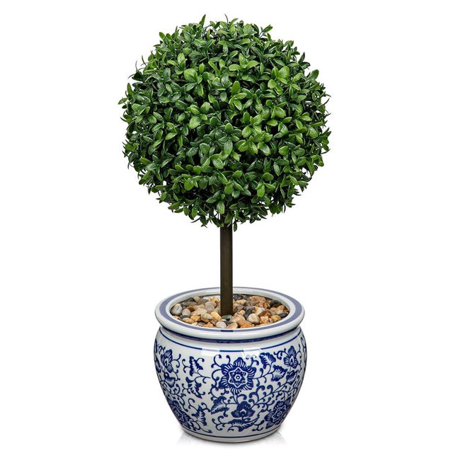 DILATATA Artificial Topiary Boxwood Ball in Blue and White Ceramic Pot, 16 Inch Artificial Boxwood in Planters Decorative Fake Greenery for Table Centerpiece Indoor Plant Home Decor