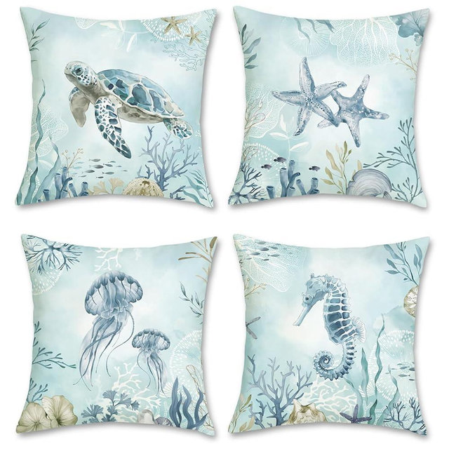 Bonhause Coastal Blue Throw Pillow Covers 18 x 18 Inch Sea Turtle Seahorse Starfish Beach Decorative Pillow Cases Ocean Cushion Covers for Sofa Bed Home Decor Set of 4